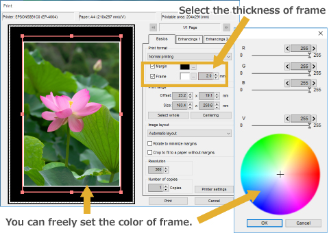 Select the thickness of frame. You can freely set the color of frame.