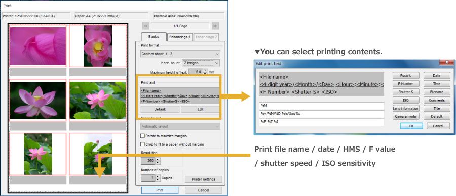 You can select printing contents. Print file name / date / time / F value / shutter speed / ISO sensitivity.