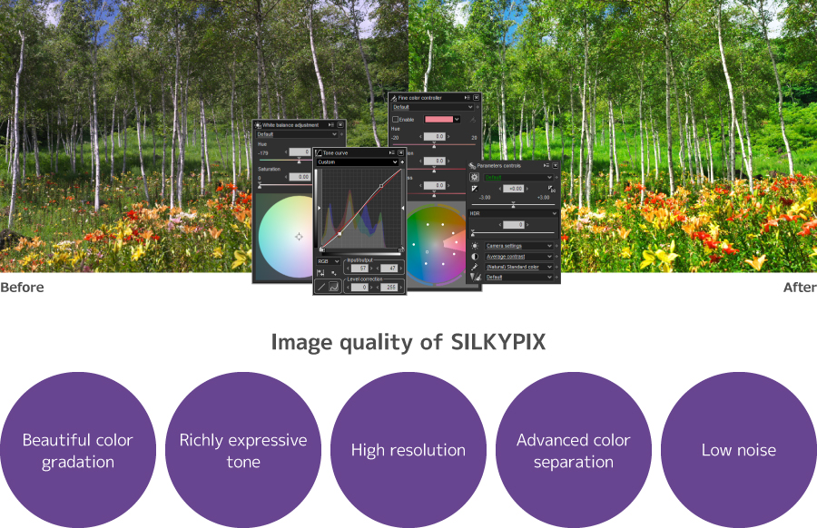 Image quality of SILKYPIX: Beautiful color gradation, Richly expressive tone, High resolution, Advanced color separation, Low noise