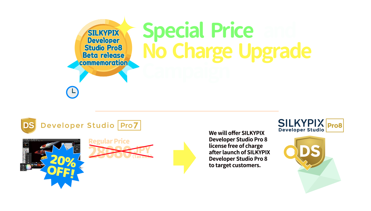 SILKYPIX Developer Studio Pro8 Beta release commemoration Special Price and No Charge Upgrade Campaign From Jan. 12, 2017 (JST) to SILKYPIX Developer Studio Pro 8 launch date. Developer Studio Pro 7: Special Discounted Price 22464 JPY (Tax Incl.)